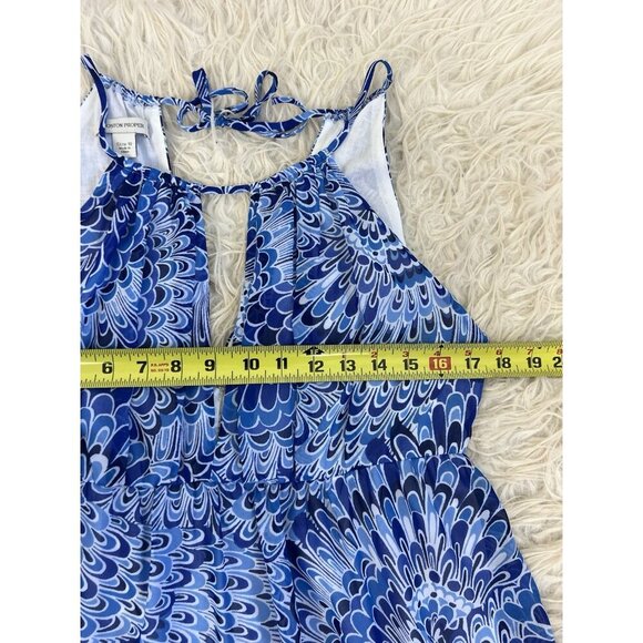 BOSTON PROPER Size 10 Boho Summer Peasant Tiered Maxi Dress Blue Feather Print - Picture 6 of 13